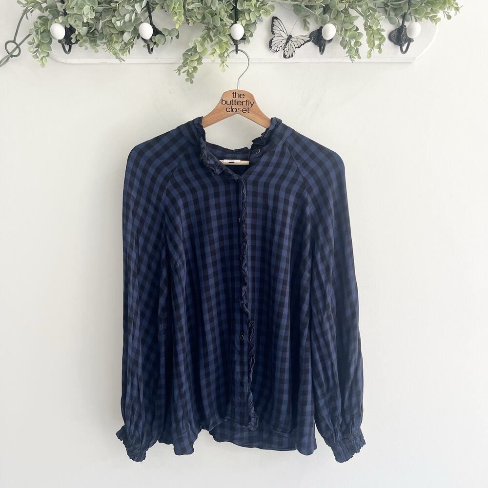 Cabi Black Blue Gingham Plaid Ruffle Trim Long Sleeve Top Blouse Womens Size M